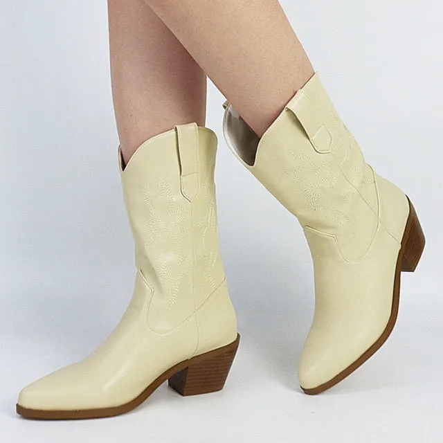 2023 Ladies Knee Boots Western Cowgirl Slip On Mid Heel Platform Boots