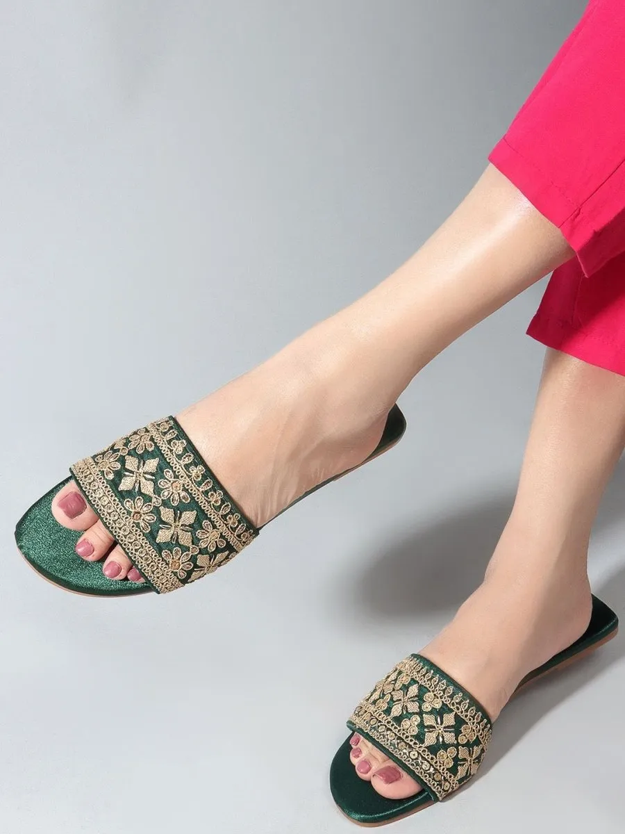 Anouk Green Embellished Open Toe Flats