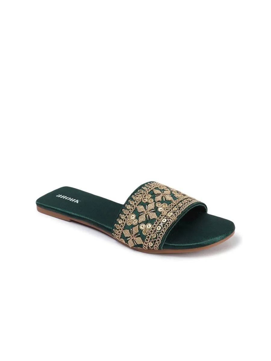 Anouk Green Embellished Open Toe Flats