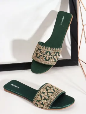 Anouk Green Embellished Open Toe Flats