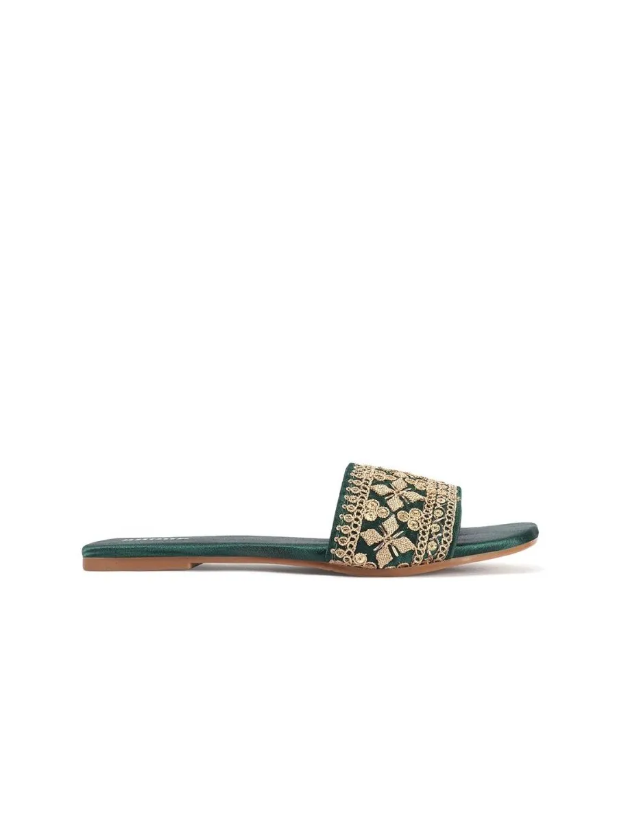 Anouk Green Embellished Open Toe Flats