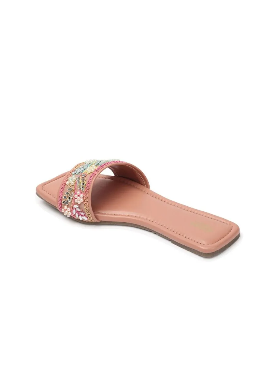 Anouk Peach-Coloured Embellished Open Toe Flats