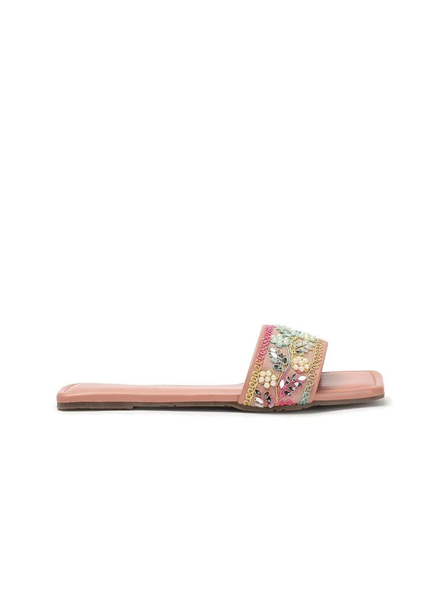 Anouk Peach-Coloured Embellished Open Toe Flats