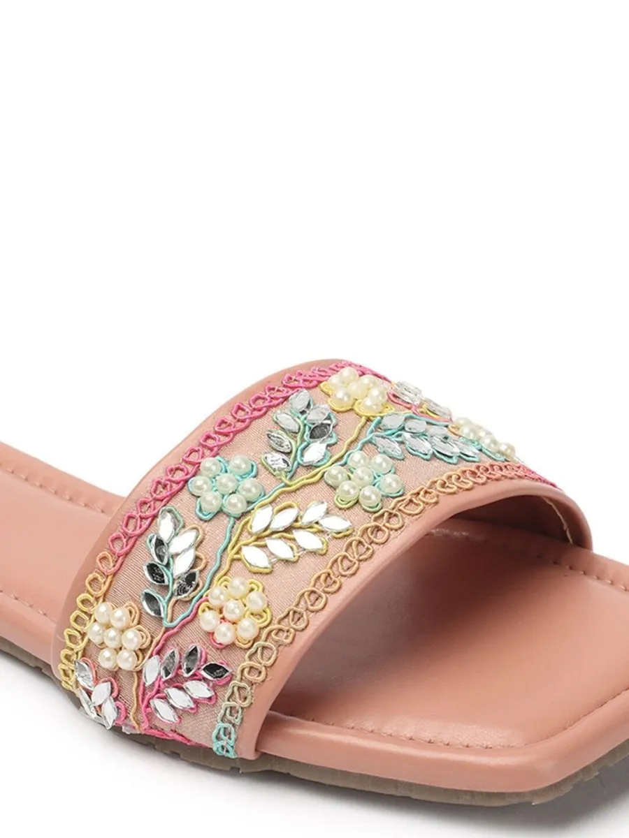 Anouk Peach-Coloured Embellished Open Toe Flats