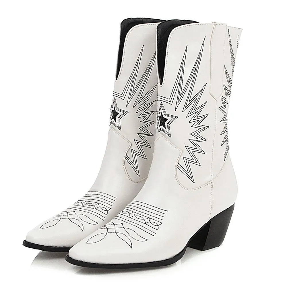 Ashoreshop Western Cowgirl Floral Boots For Women Pointed Toe Mid Calf Embroidery Boots