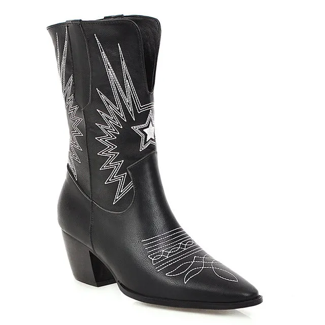 Ashoreshop Western Cowgirl Floral Boots For Women Pointed Toe Mid Calf Embroidery Boots