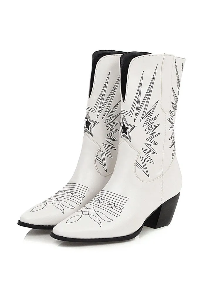 Ashoreshop Western Cowgirl Floral Boots For Women Pointed Toe Mid Calf Embroidery Boots