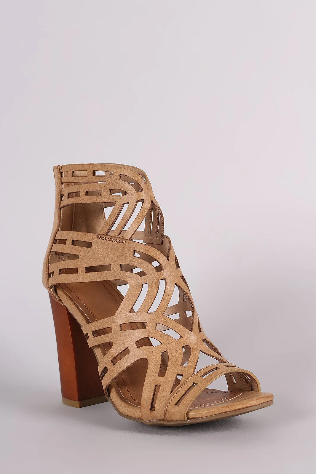 Bamboo Geo Caged Peep Toe Chunky Heel