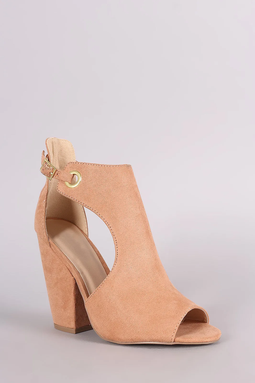 Bamboo Suede Peep Toe Grommet Buckle Booties