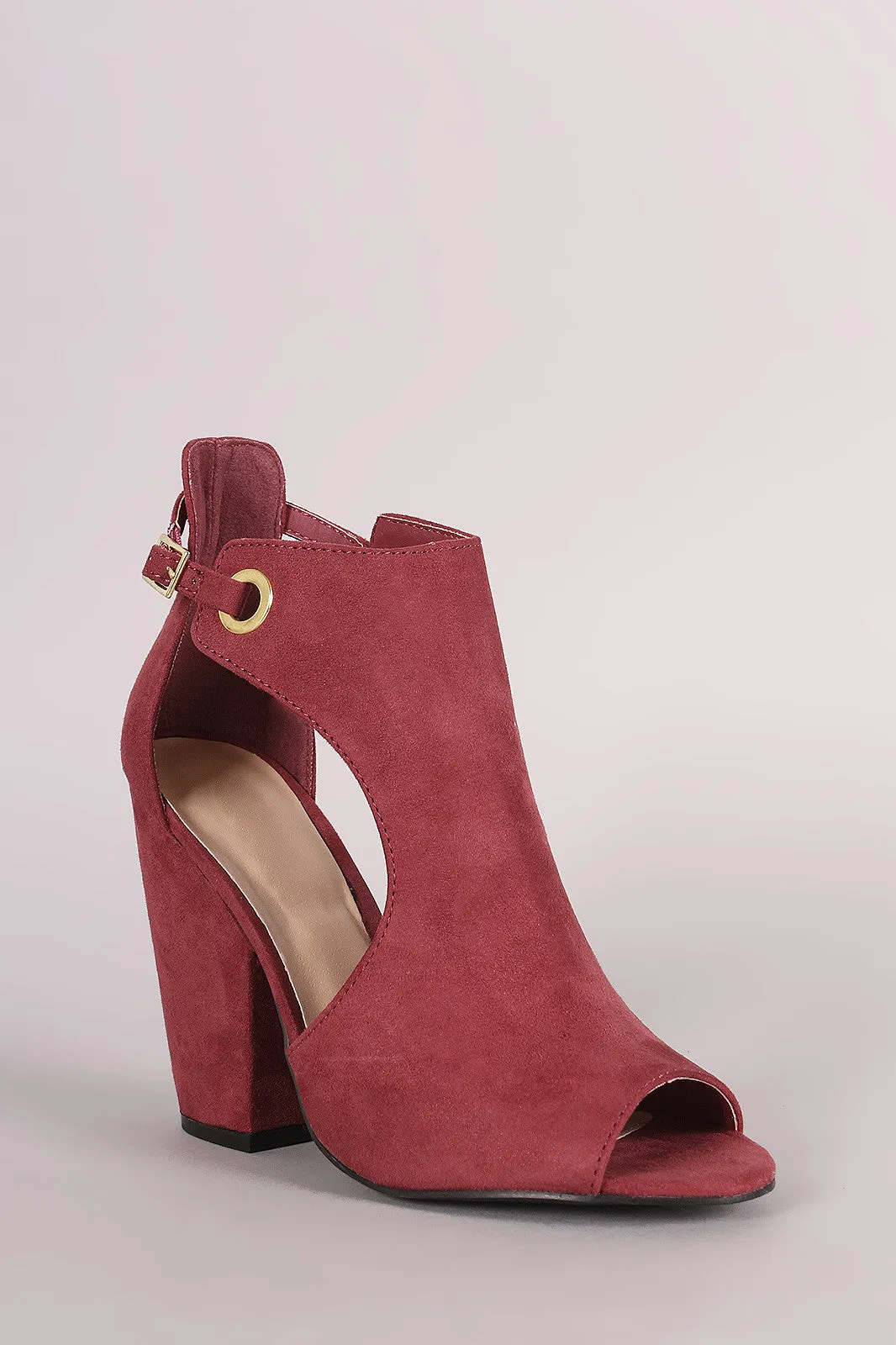 Bamboo Suede Peep Toe Grommet Buckle Booties