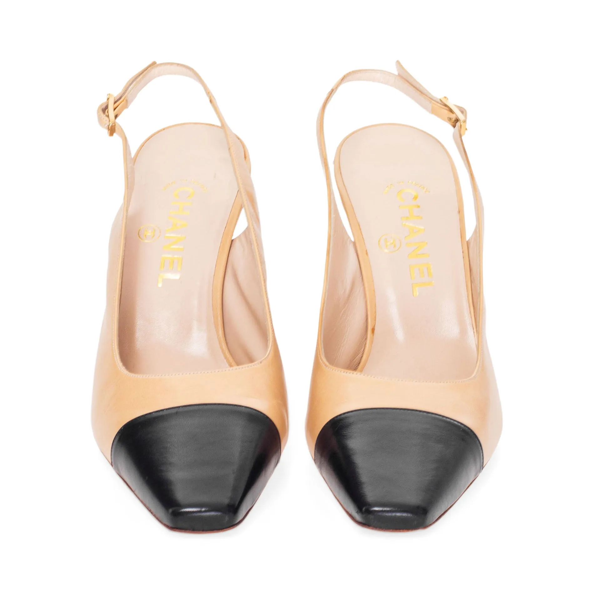 Beige and Black Square Toe Slingback Pumps 40