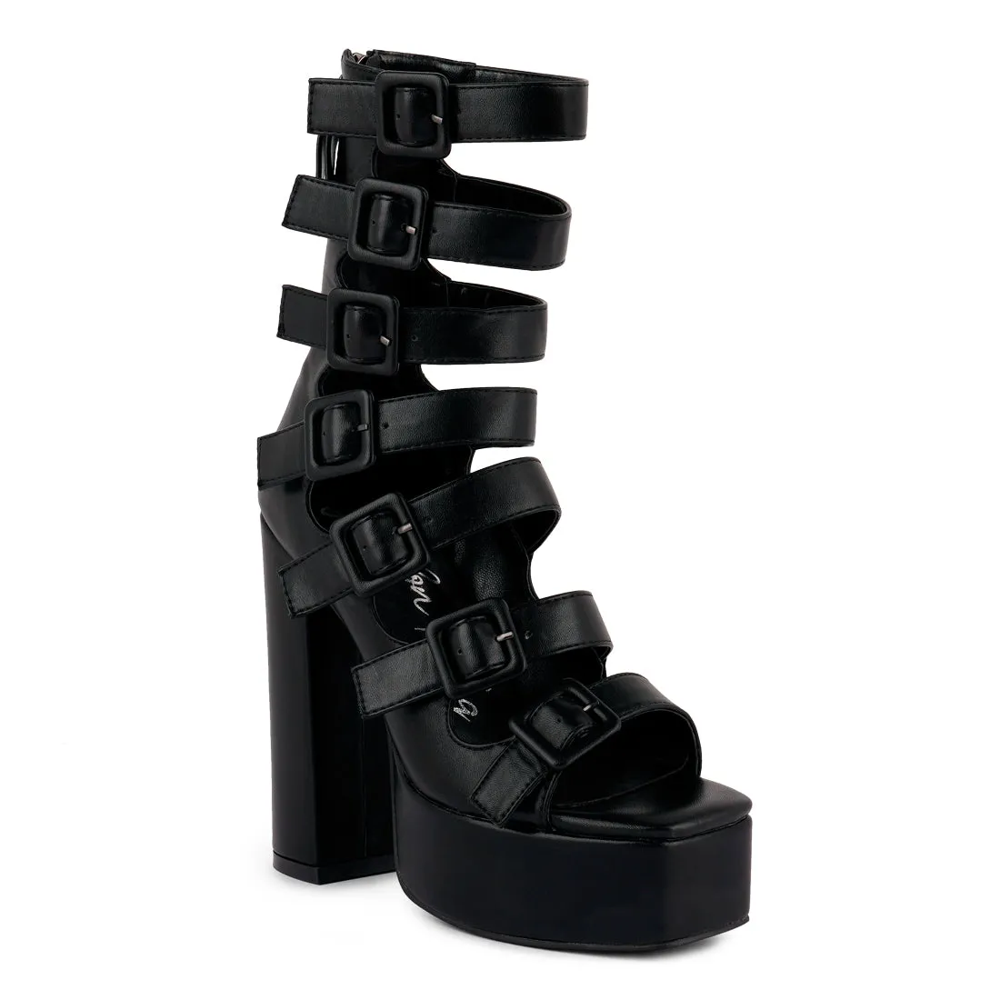 Black Caged High Heel Buckled Sandal