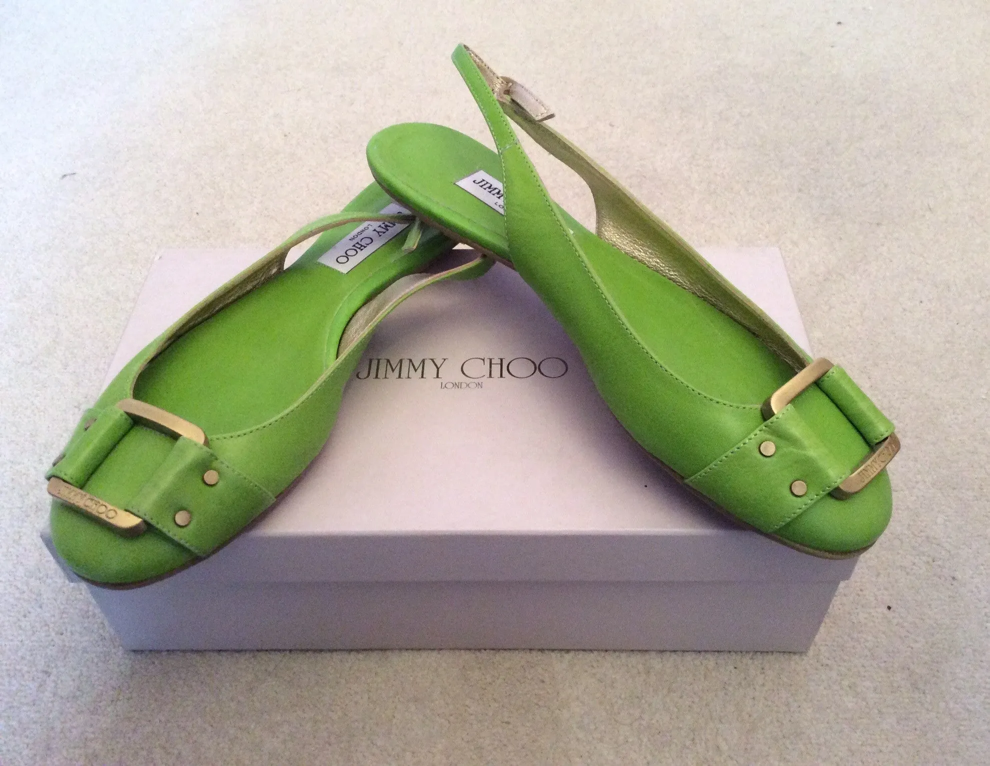 Brand New Jimmy Choo Neon Green Morse Buckle Trim Slingback Flats Size 7/40