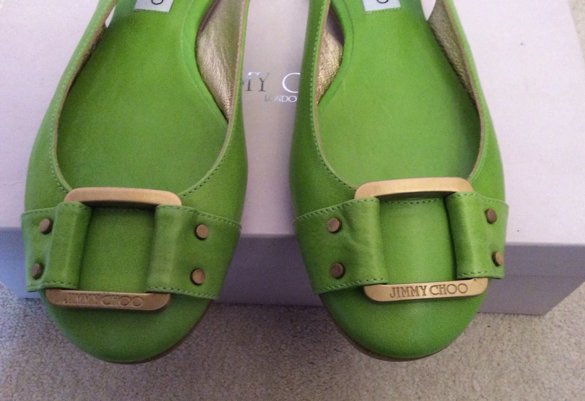 Brand New Jimmy Choo Neon Green Morse Buckle Trim Slingback Flats Size 7/40