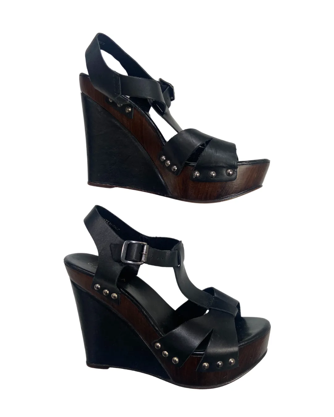 Carvela Black Leather Studded Wedge Sandals