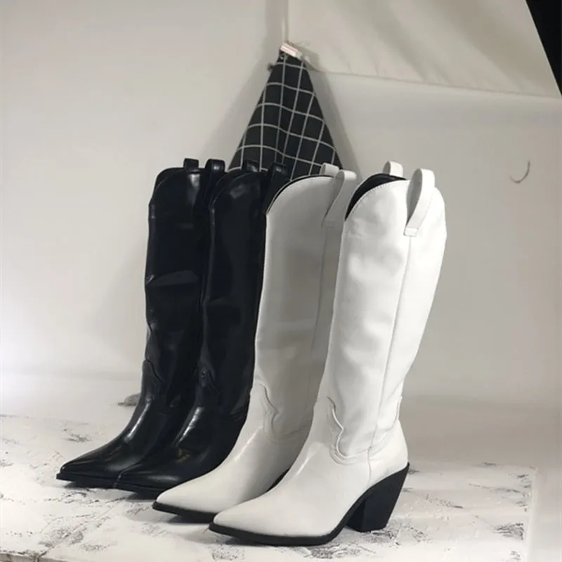 Cowboy Western Boots For Women Chunky High Heel Knee High Long Boots