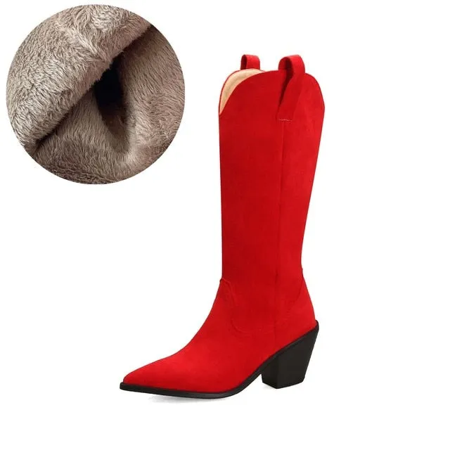 Cowboy Western Boots For Women Chunky High Heel Knee High Long Boots