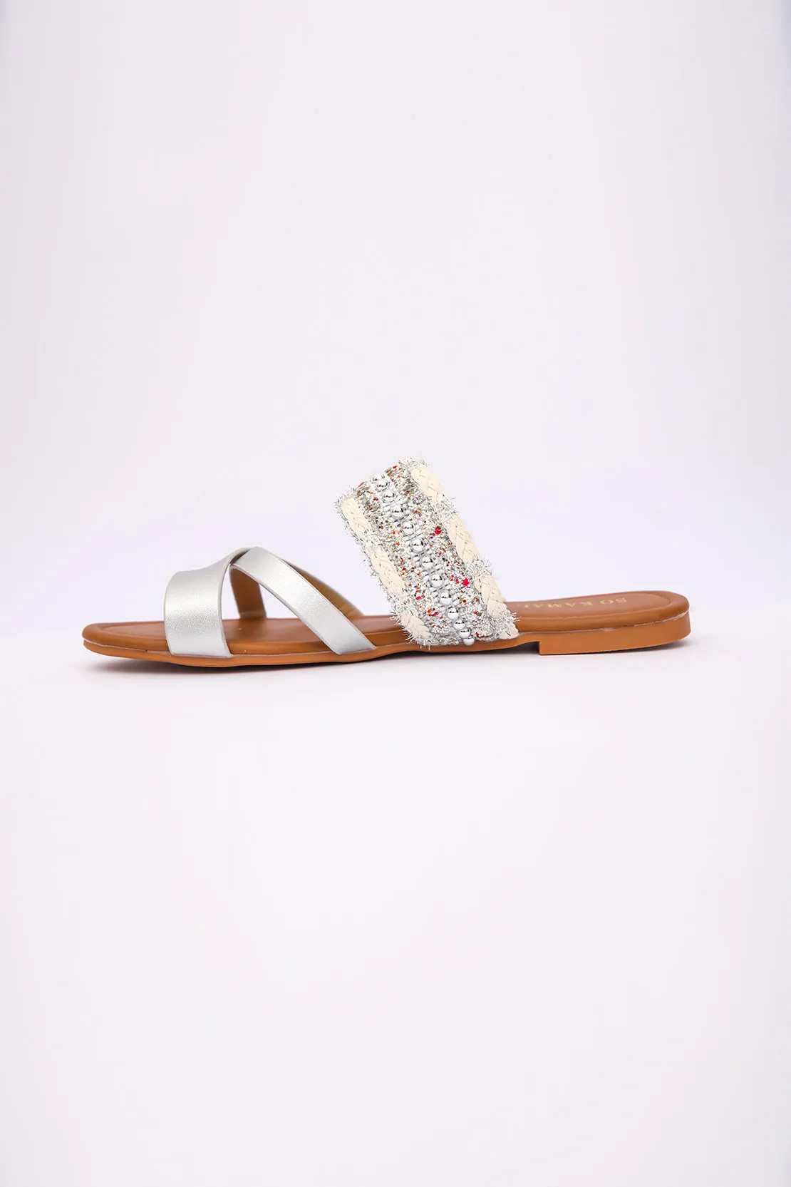 Criss-Cross Open Toe Flats - Silver