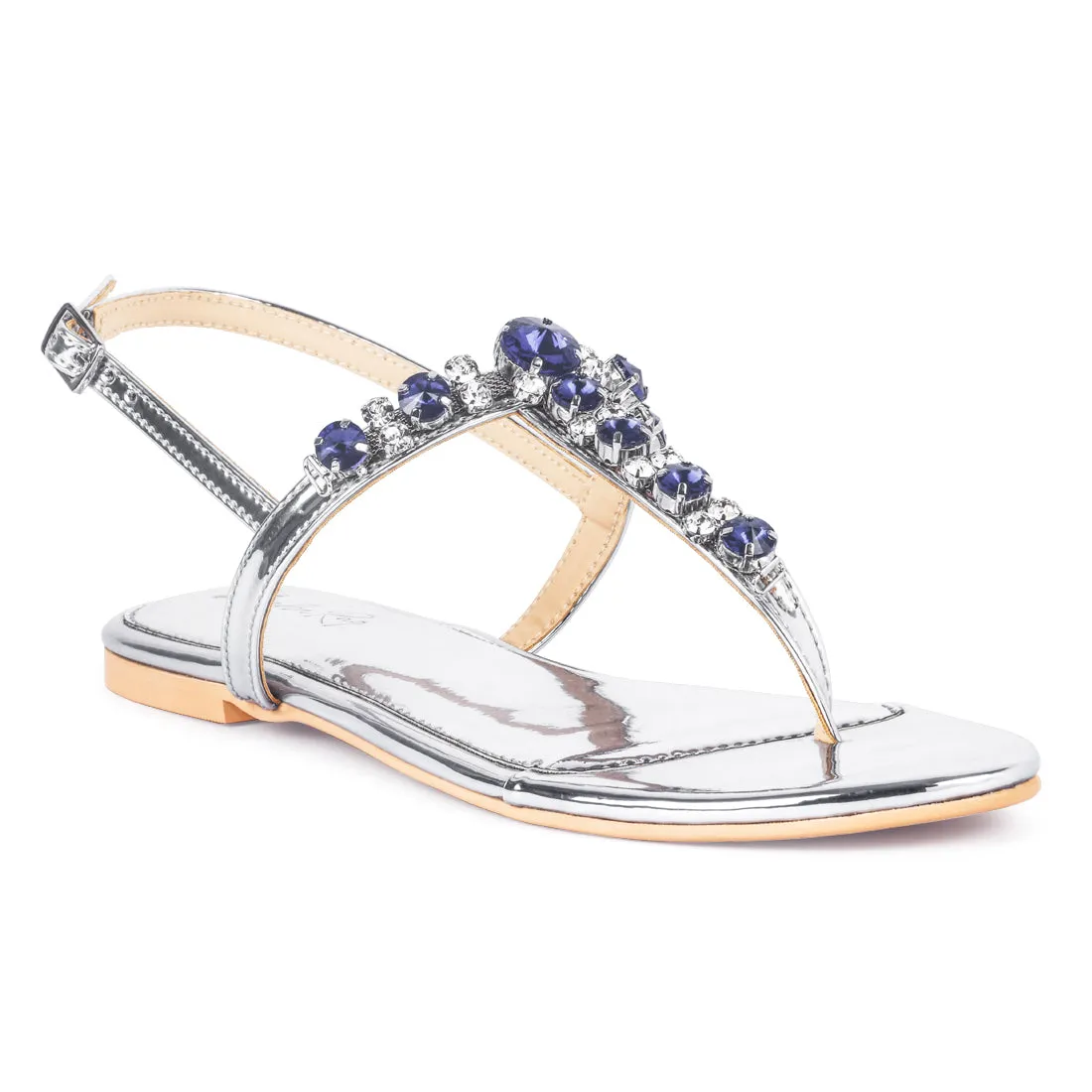 Embellished Jewel Thong Flats in Silver