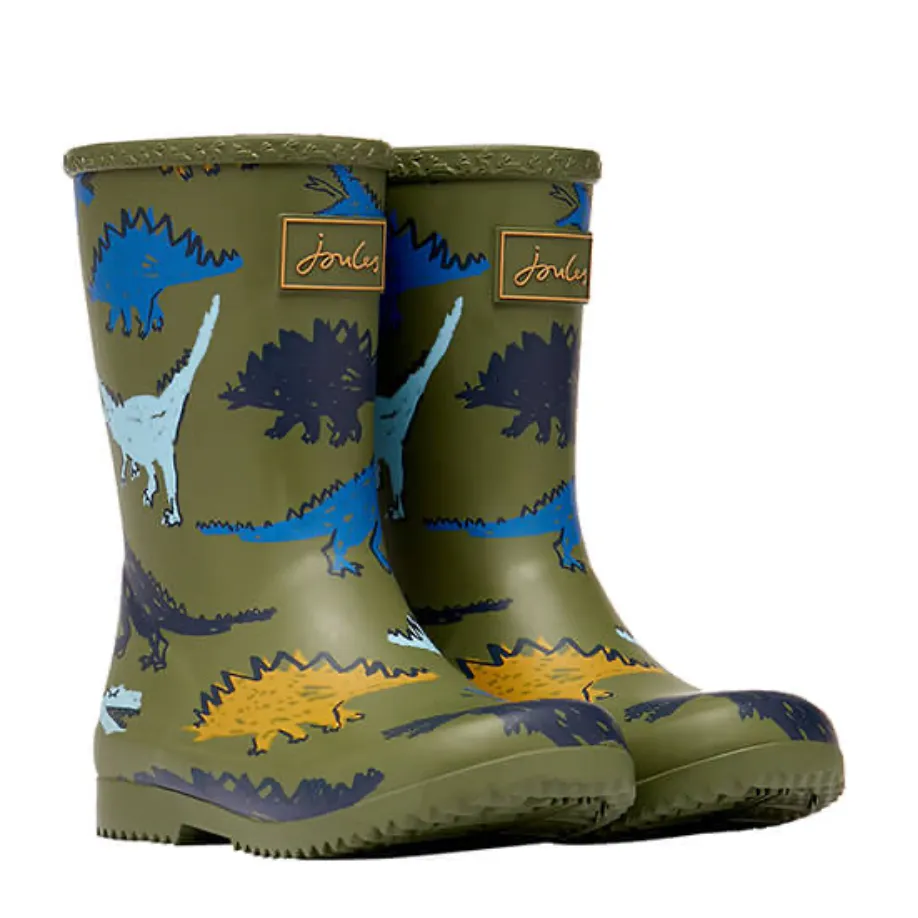 Joules Roll Up Waterproof Rain Boot Green Dinosaur