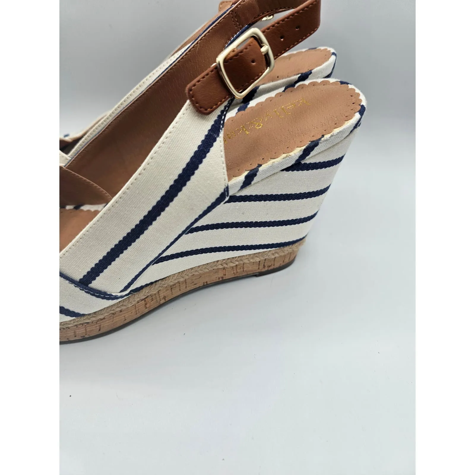 Kelly & Katie Womens Ss 8.5 Cork Wedge Sandals Heels Blue White Striped