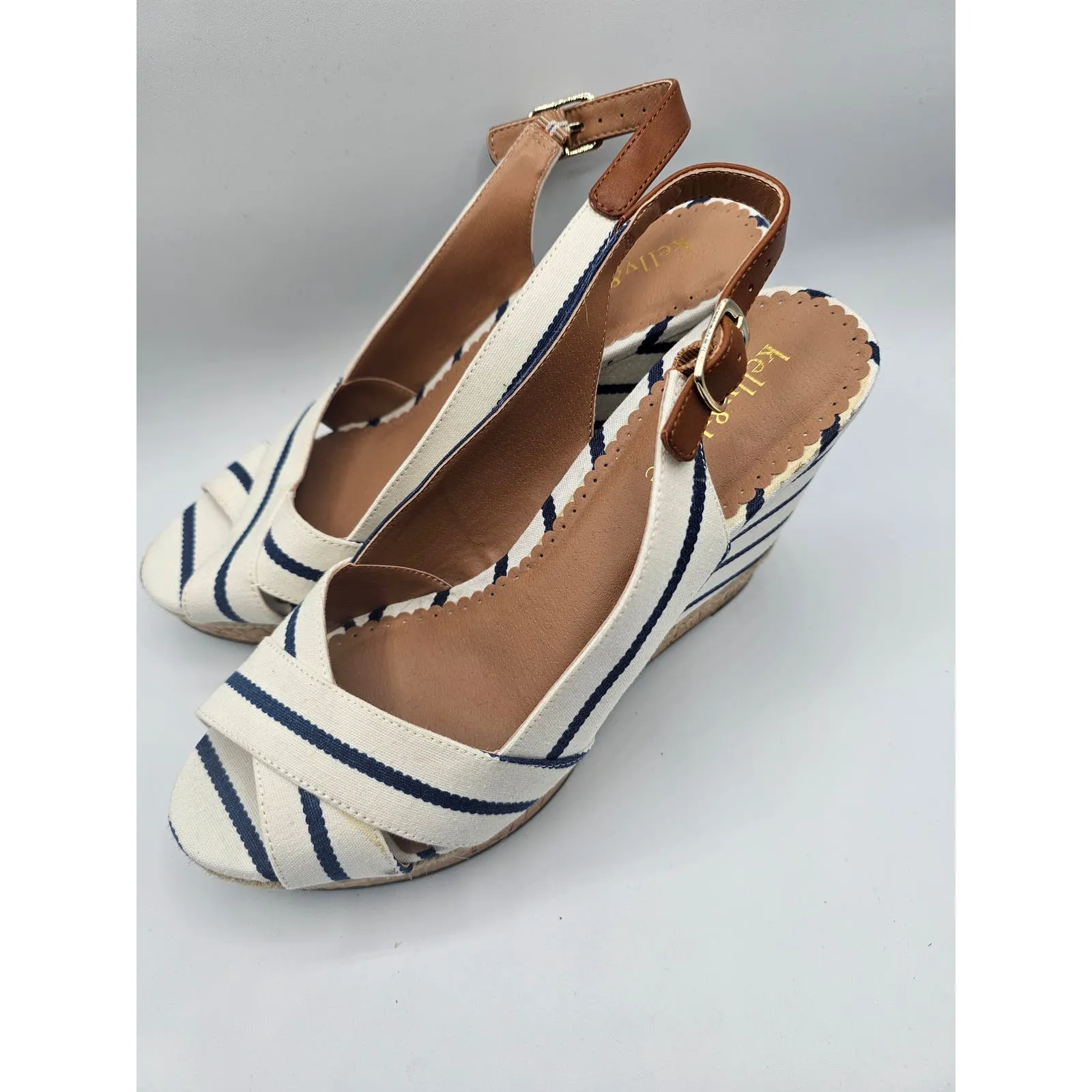 Kelly & Katie Womens Ss 8.5 Cork Wedge Sandals Heels Blue White Striped