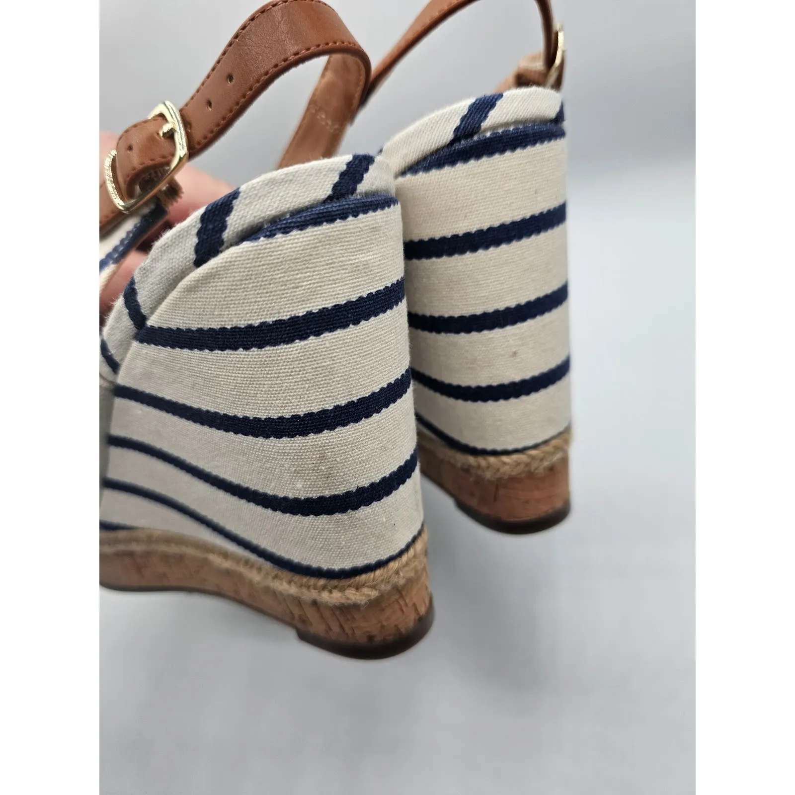 Kelly & Katie Womens Ss 8.5 Cork Wedge Sandals Heels Blue White Striped