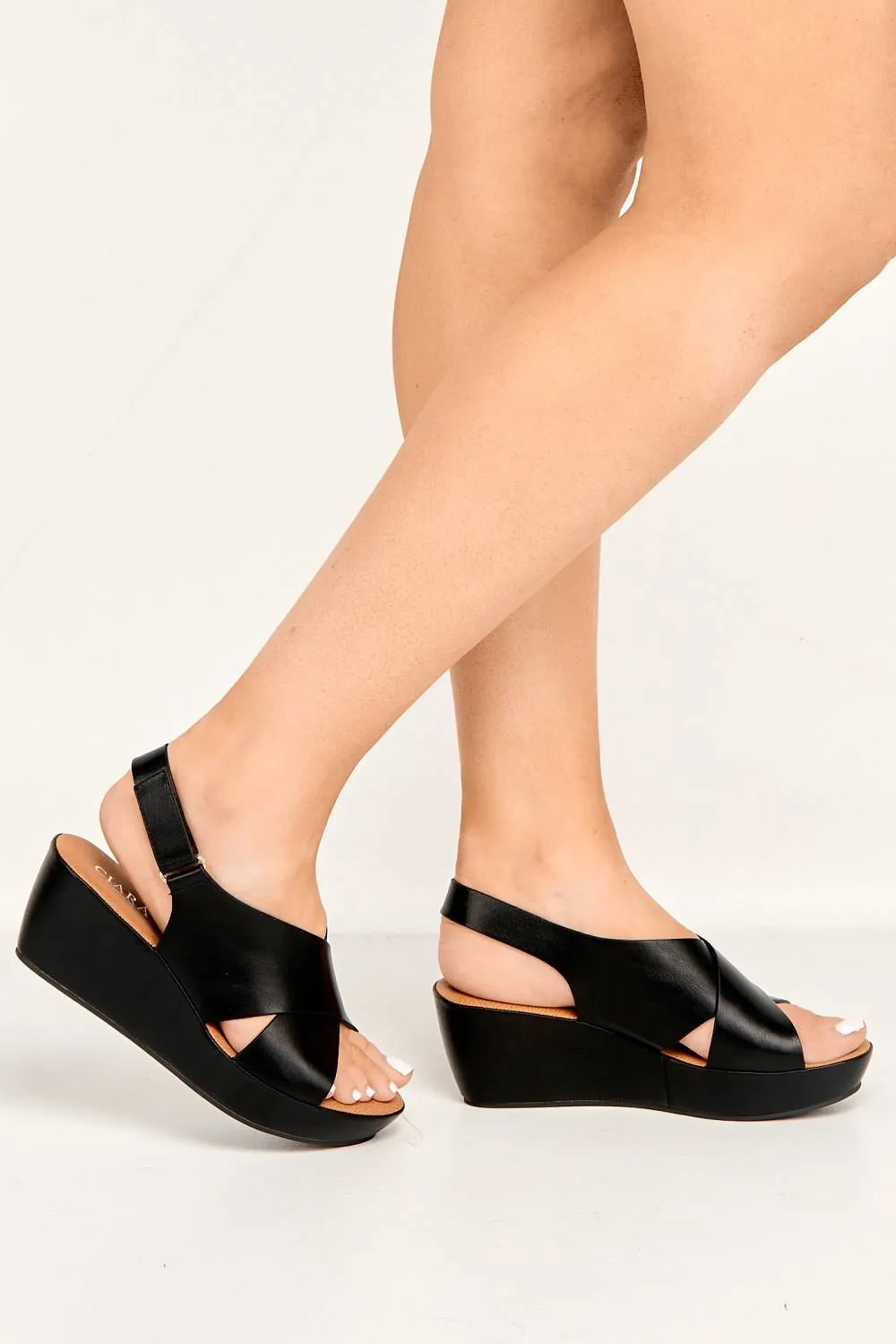 Klara Criss-Cross Straps Wedge Sandals in Black