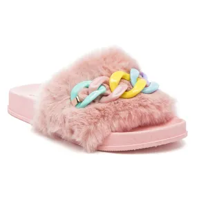 Polyp Acrylic Chain Strap Fur Slides in Pink