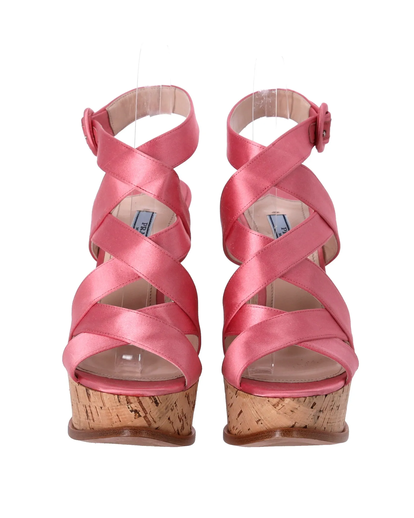 Prada Crisscross Strap Wedge Sandals in Pink Satin