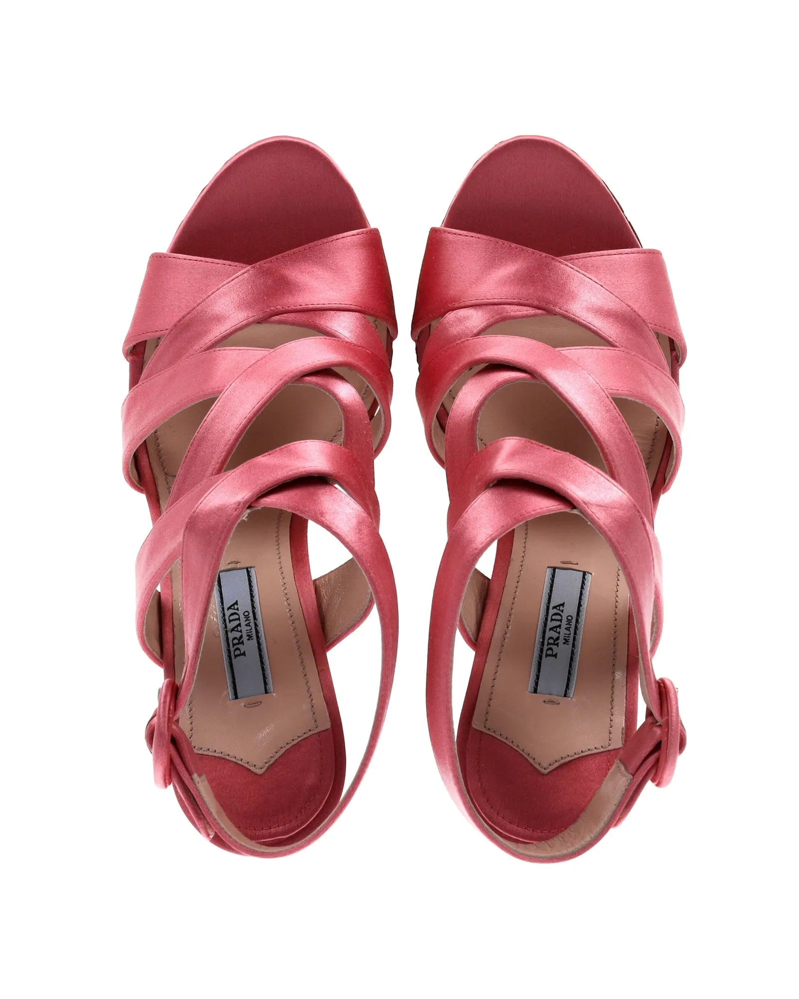 Prada Crisscross Strap Wedge Sandals in Pink Satin