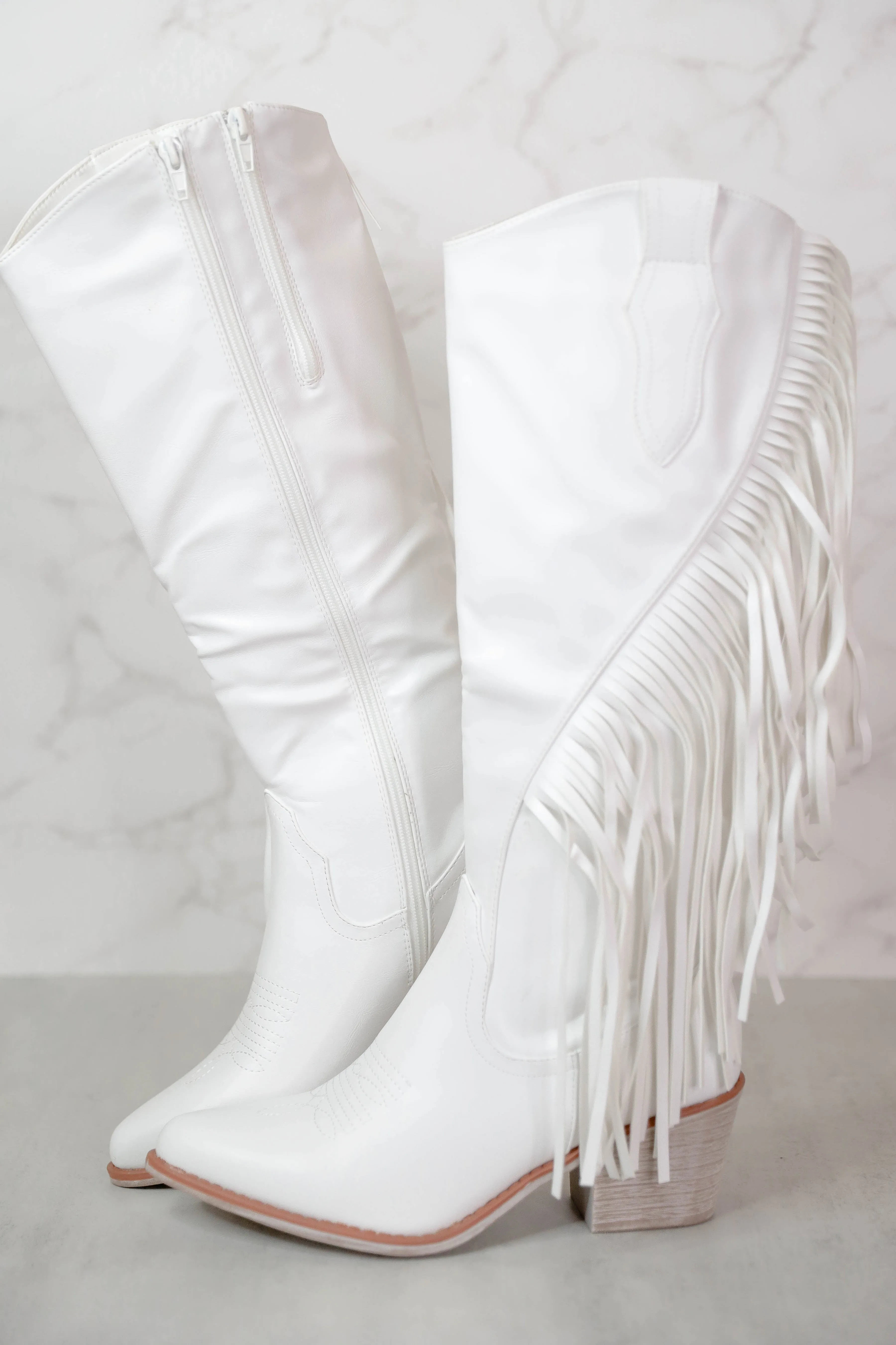 Priscilla Fringe Western Boots-White