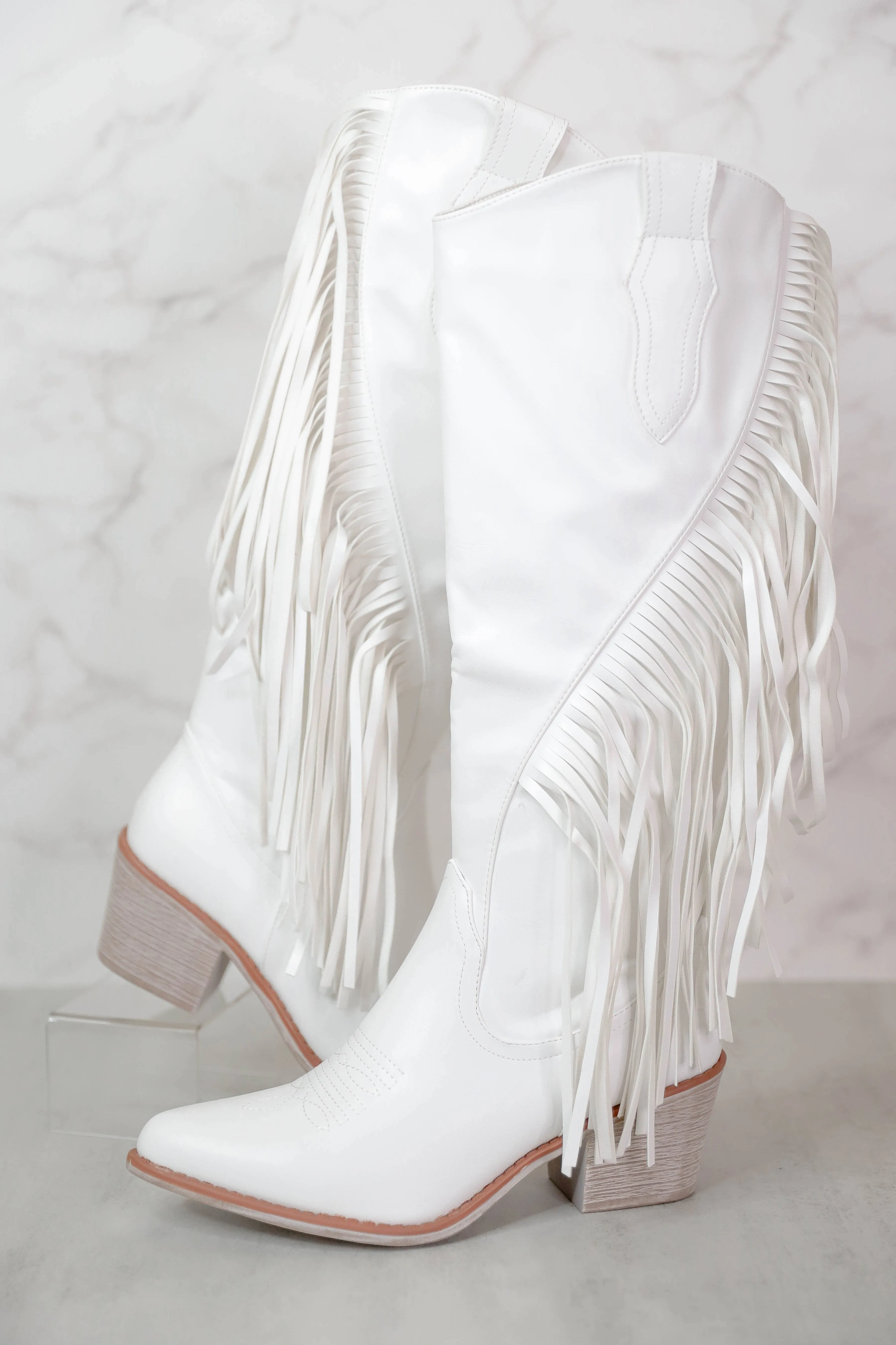 Priscilla Fringe Western Boots-White