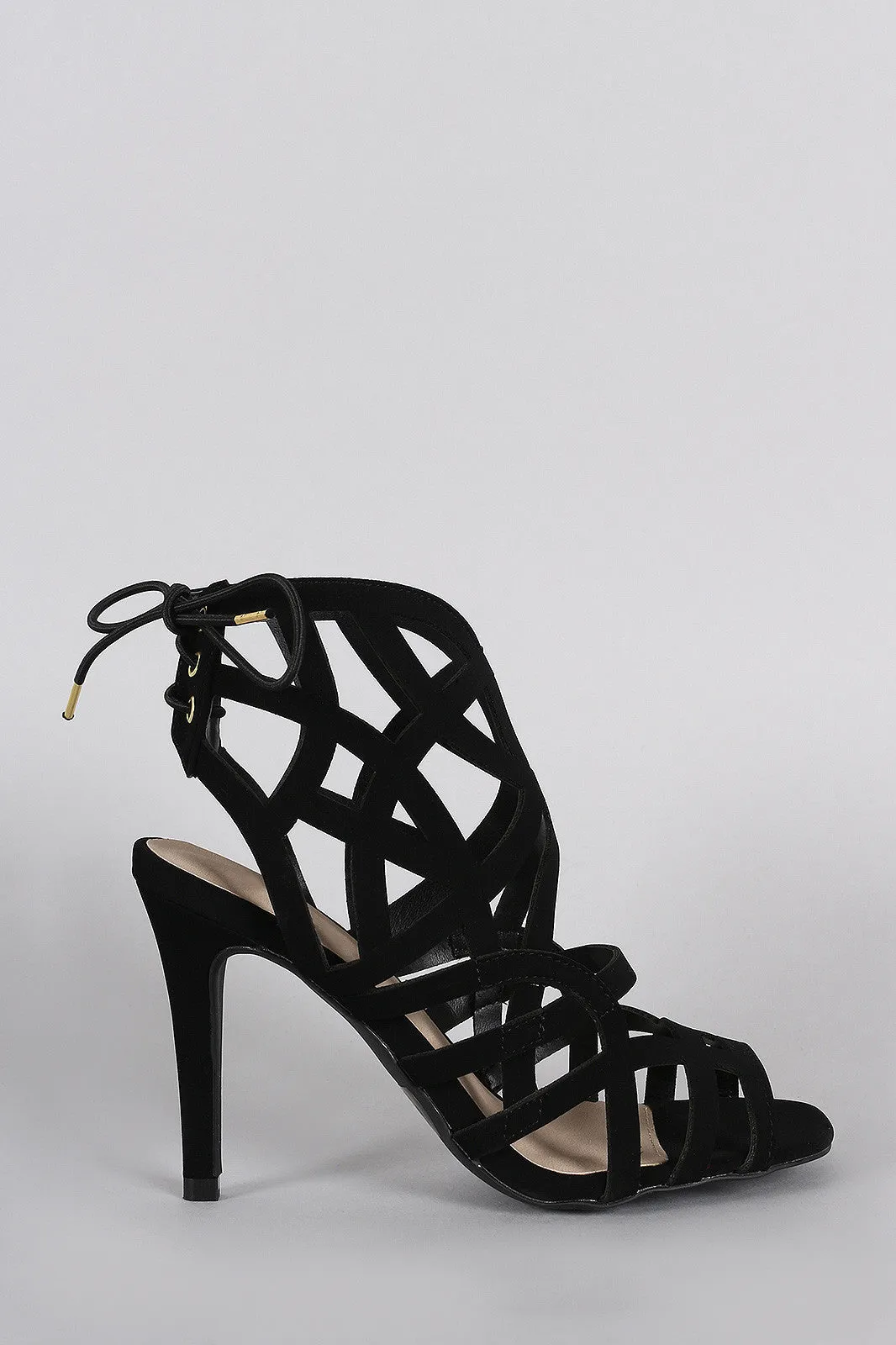 Qupid Caged Back Lace Up Open Toe Heel