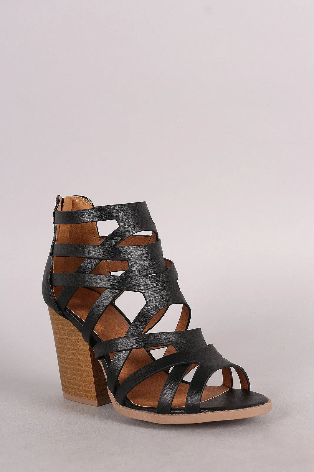 Qupid Strappy Overlapping Caged Chunky Heel