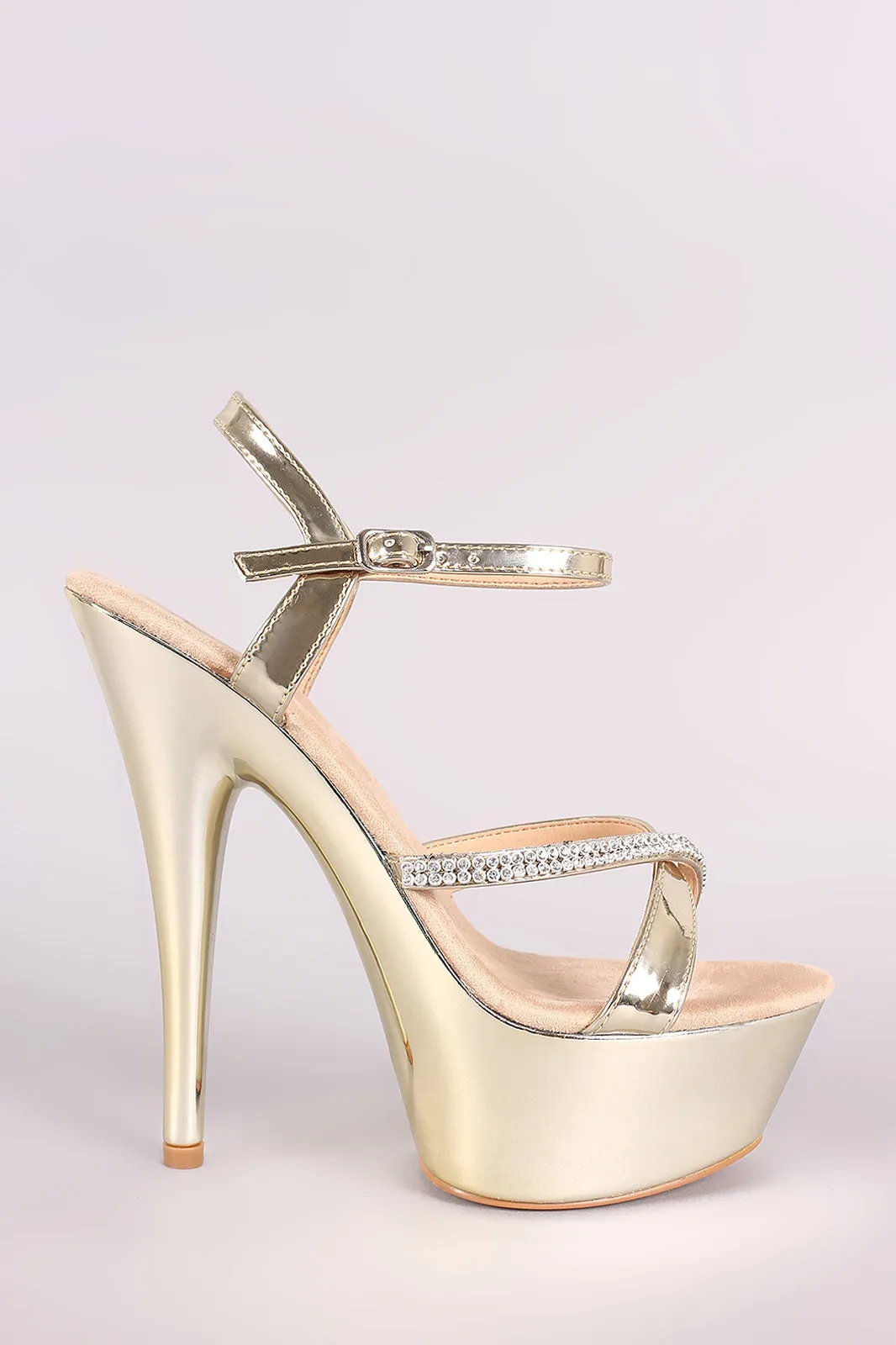 Rhinestone Embellished Metallic Patent Chunky Platform Heel