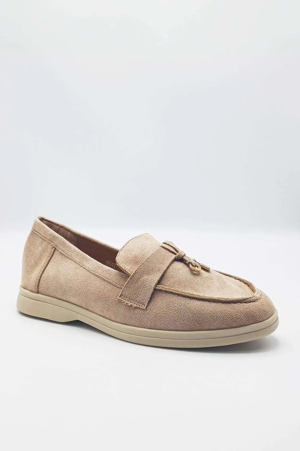 Tonya Charm Detail Slip-On Faux Suede Loafers in Mocha