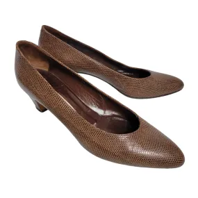 Vintage Bottega Veneta Heels Brown Pumps Snakeskin Embossed Leather Round Toe Bow Size 8.5 AA Narrow