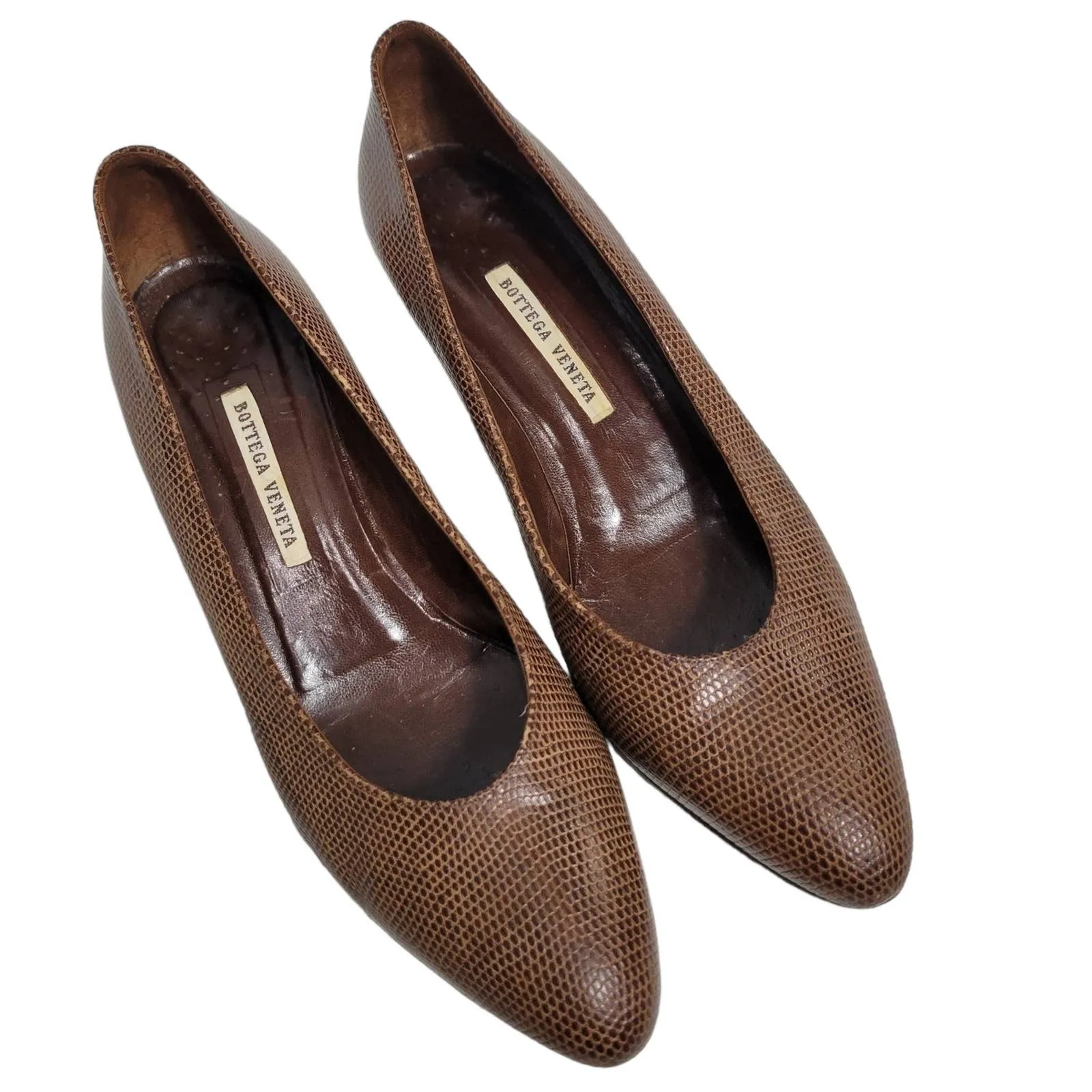 Vintage Bottega Veneta Heels Brown Pumps Snakeskin Embossed Leather Round Toe Bow Size 8.5 AA Narrow