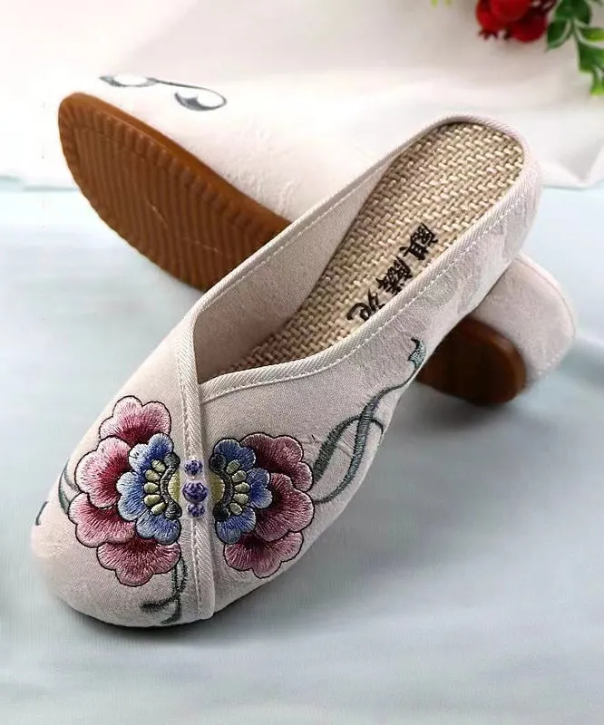 White Wedge Cotton Fabric Bohemian Embroidery Slide Sandals CZ1053