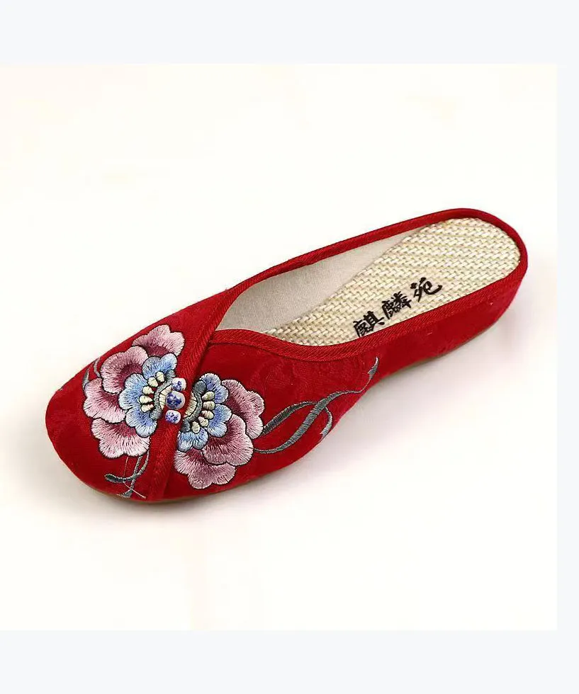 White Wedge Cotton Fabric Bohemian Embroidery Slide Sandals CZ1053